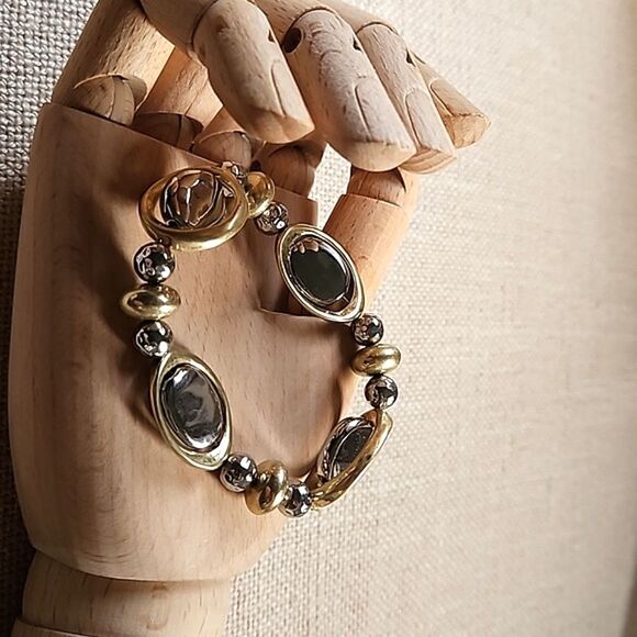 Funky 90s Two Tone Mixed Metal Stretch Bracelet - Silver & Soft Gold - Picture 1 of 9